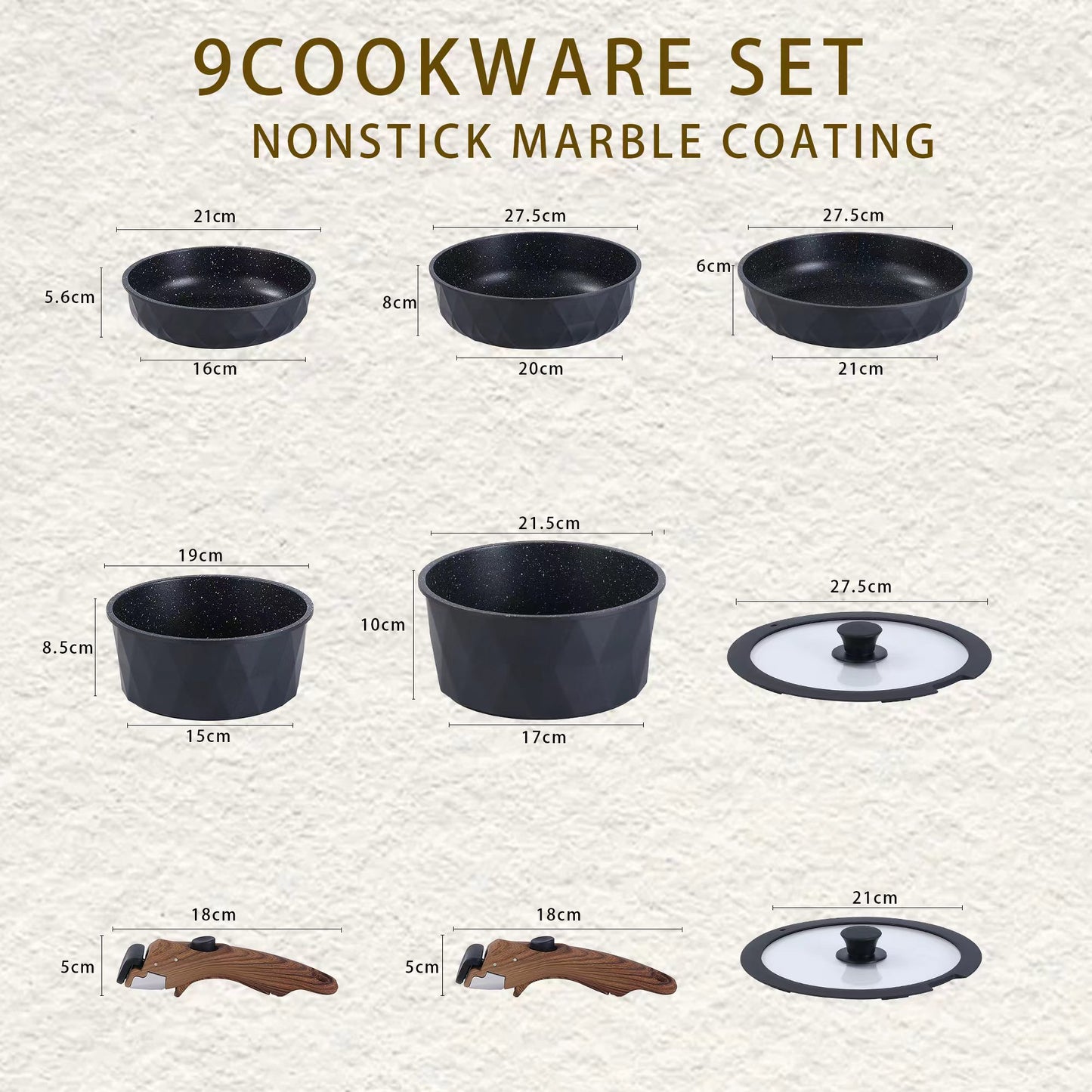 9-delige kookset met klikgrepen - beige | zwart