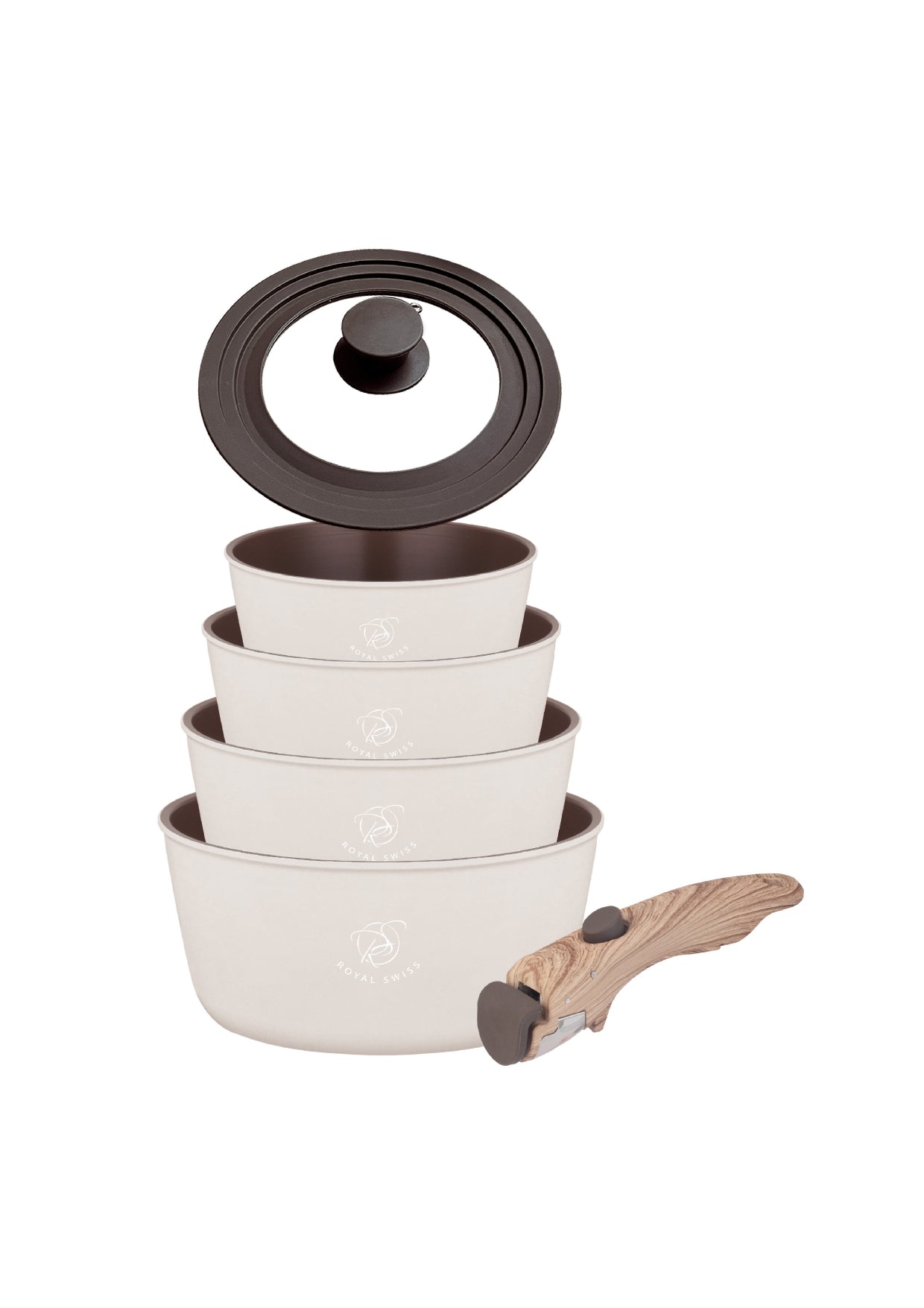 5 Pieces Saucepan Set with Clip-On Handles - Black | Beige