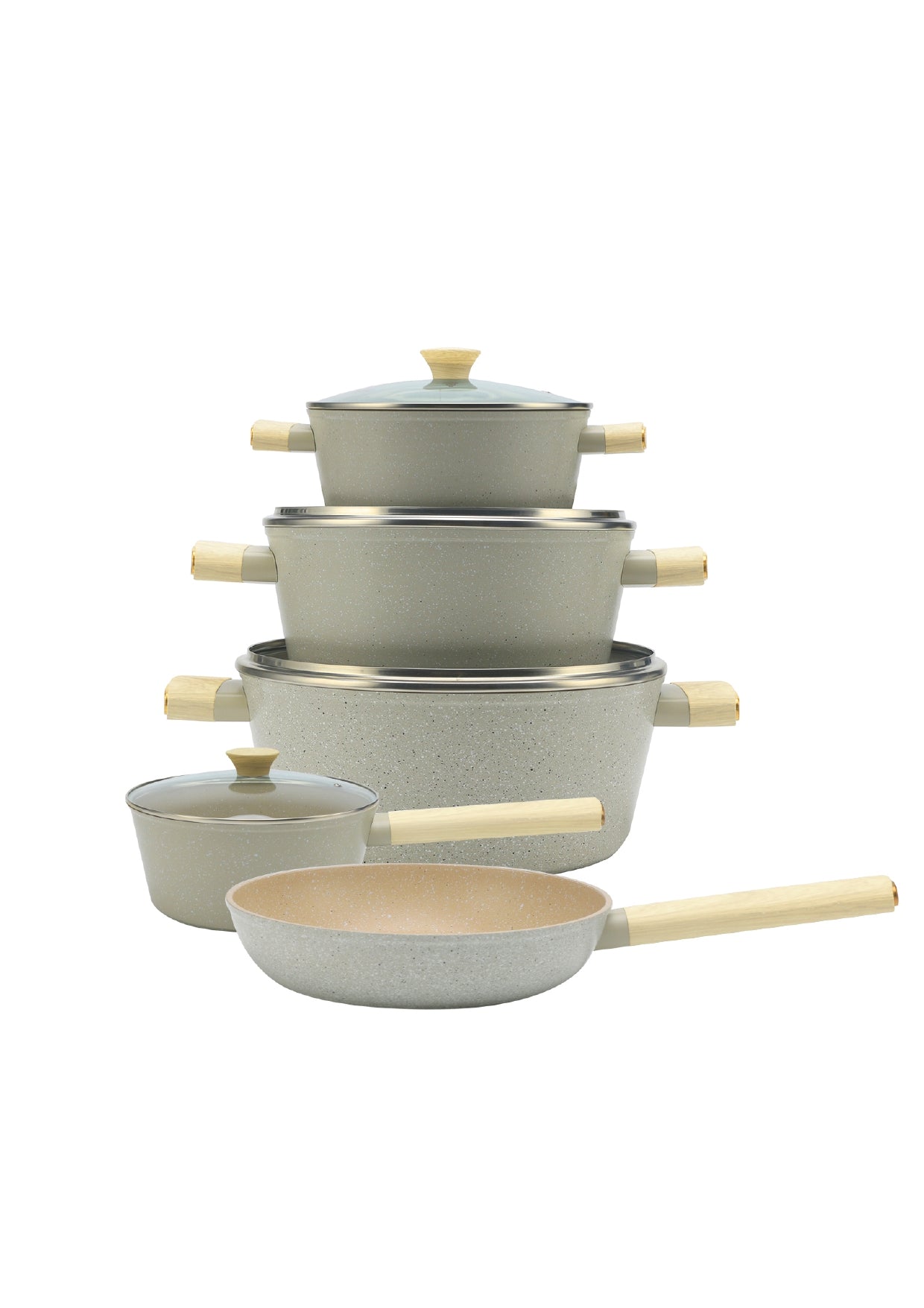 11 Pieces Cookware Set with Wooden Handle - Red | Beige | Grey