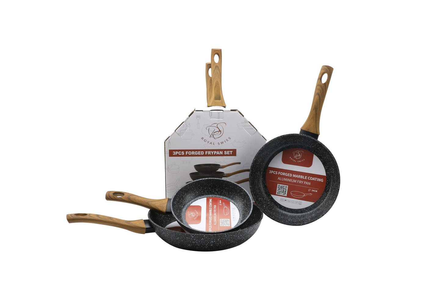 3 Pieces Fry Pan Set with Wooden Handle