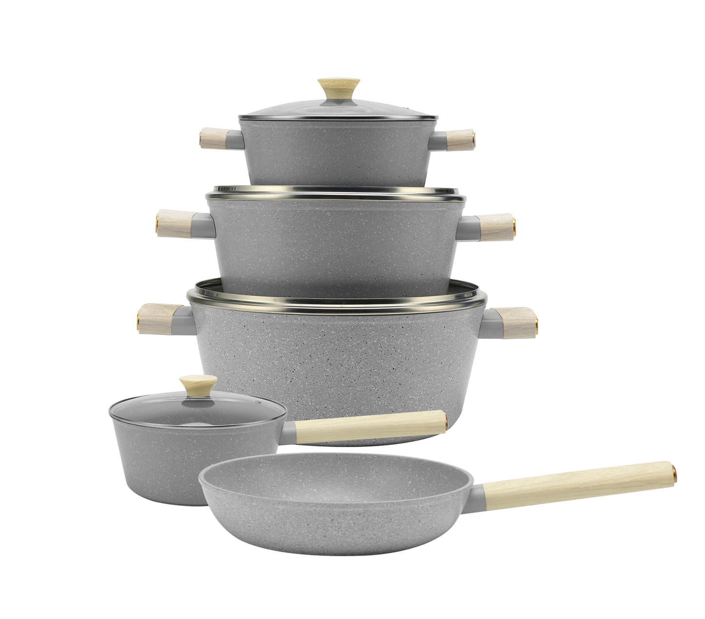 11 Pieces Cookware Set with Wooden Handle - Red | Beige | Grey