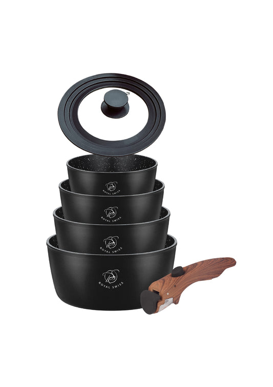 5 Pieces Saucepan Set with Clip-On Handles - Black | Beige