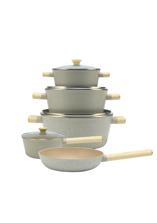 11 Pieces Cookware Set with Wooden Handle - Red | Beige | Grey